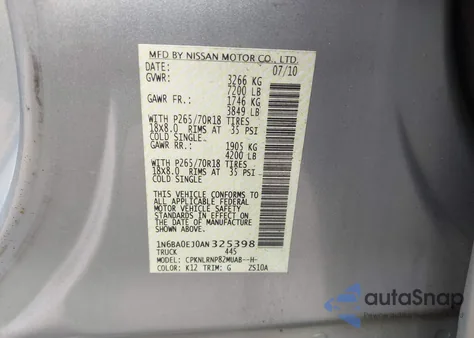2010 Nissan Titan Xe z USA, uszkodzony, nr VIN 1N6BA0EJ0AN325398